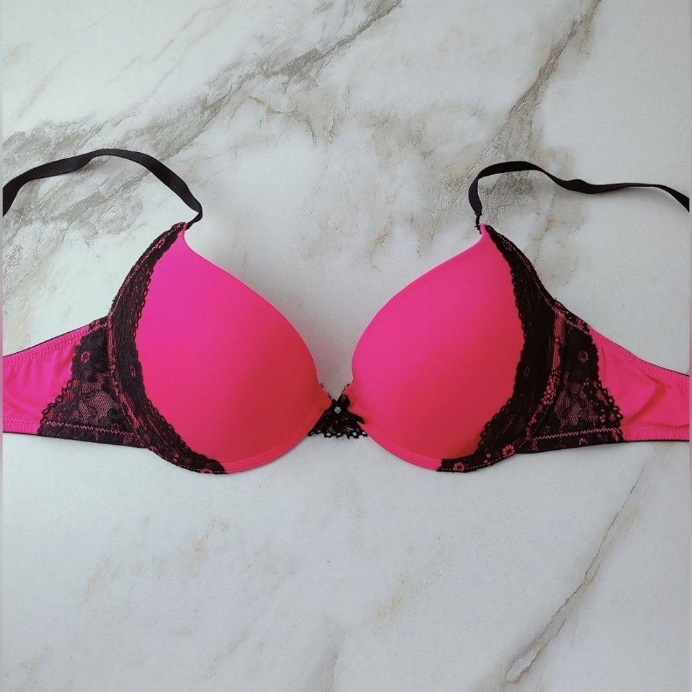 EUC H&M Neon Pink Black Lace Push Up Bra, Sz 34D